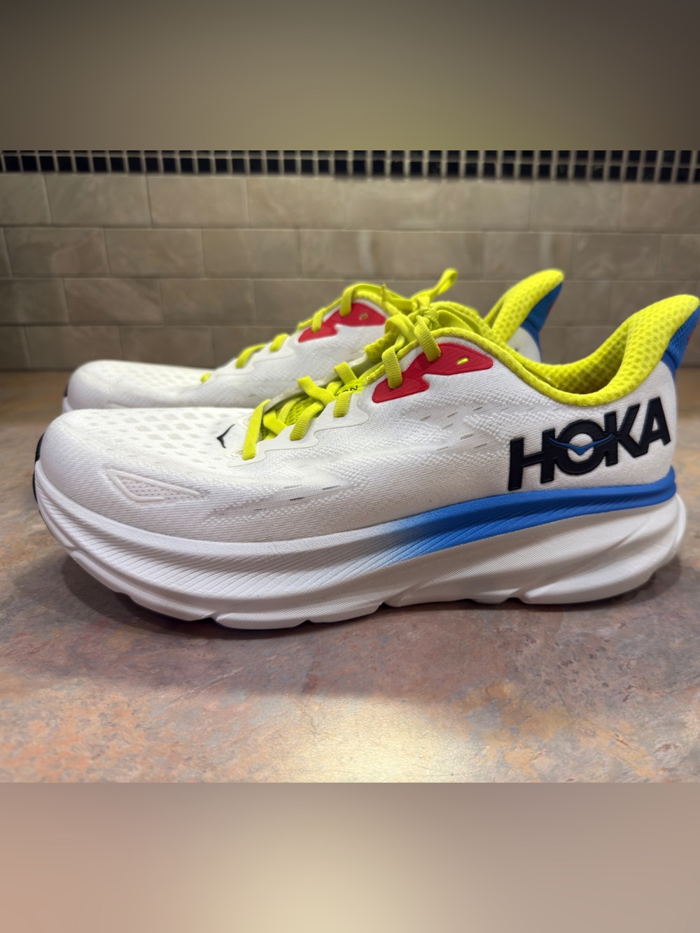 Hoka Clifton 9 Running Shoes Mens 10.5 D White Blue Neon Athletic Sneakers